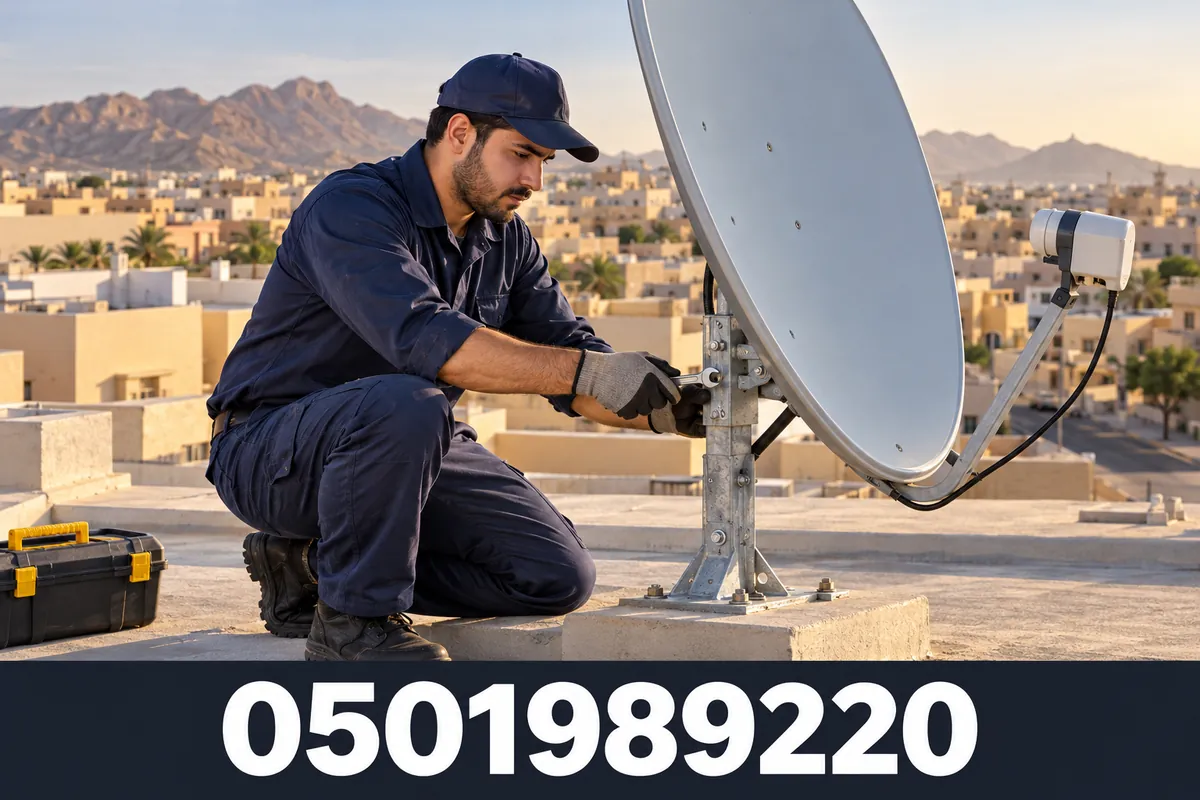 صورة توضيحية لفني يضبط طبق الدش؛ هاتف شركة الجزيرة 0501989220