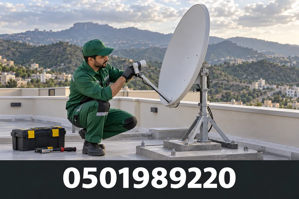 صورة توضيحية لفني يضبط طبق الدش؛ هاتف شركة الجزيرة 0501989220