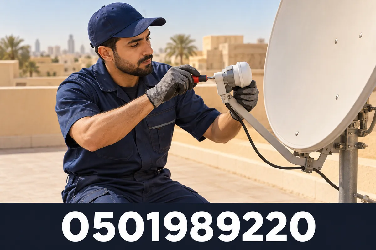 صورة توضيحية لفني يفحص توصيلات طبق الدش؛ هاتف شركة الجزيرة 0501989220