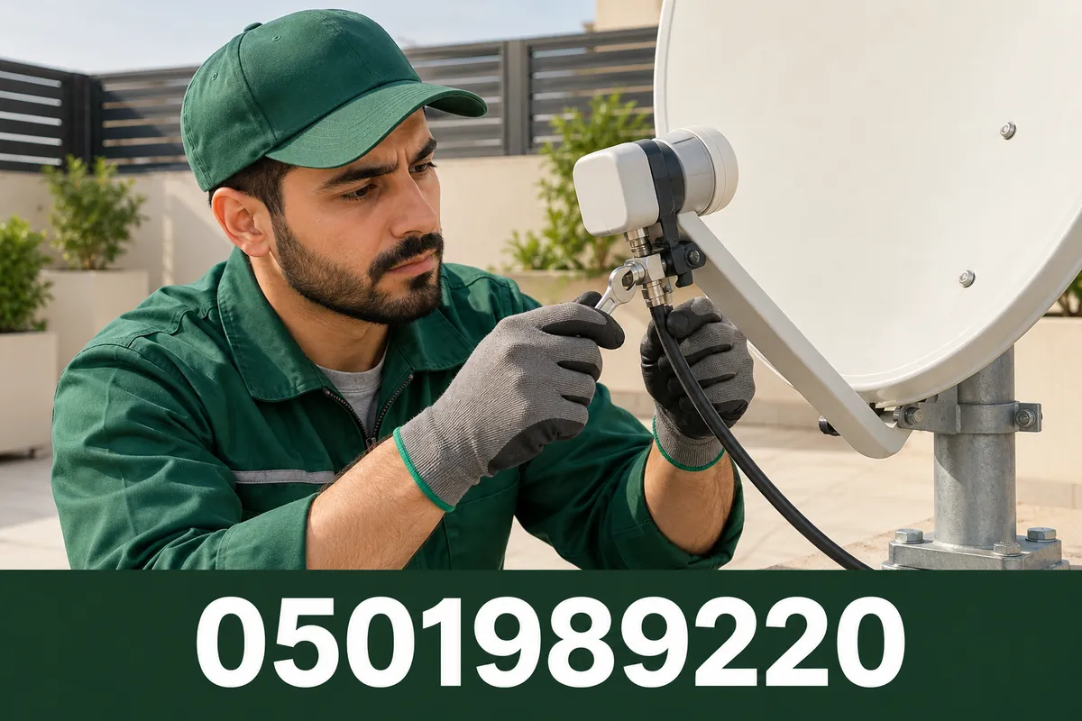صورة توضيحية لفني يفحص توصيلات طبق الدش؛ هاتف شركة الجزيرة 0501989220